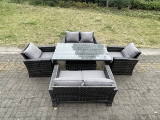 Fimous Polyrattan Gartenmöbel Set Einstellbare Höhe Esstisch Sessel Liebe Sofa Sets mit 6-Sitzer