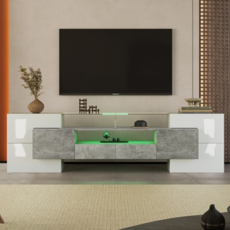 Stilvoller TV-Schrank, Lowboard. hochgl?nzendes Wei?, 200 cm, LED-Beleuchtung, Wohnzimmerm?bel. modernes Design. elegante Glasoberfl?che.