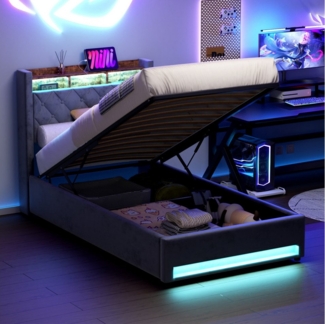 MODFU Polsterbett Funktionsbett Stauraumbett Gästebett (Stilvolles Polsterbett Dunkelgrau aus hochwertigem holländischen Samt mit hochelastischem Schaumstoff, 1-tlg, 90*200), Mit LED-Lichtleiste und USB-Aufladung
