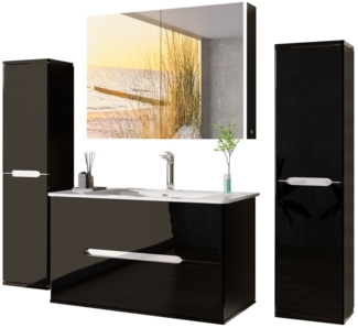 Homeline Badmöbel-Set Sky Badmoebel Set Schwarz Weiß Eiche Hochschglanz Spiegelschrank, (Spar Set, 5-St, Bad Möbel set besteht aus 5 Teilen), Spiegelschrank, Hochglanz