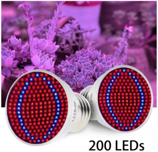 MUPOO Pflanzenlampe LED Pflanzenwachstum-Glühbirne, Grow light, Rot, Blau, UV, IR, Leuchtmittel, E26/E27,200LEDs,2 Stück, LED fest integriert, LED-Wachstumsglühbirne,Flowerpot Lampe