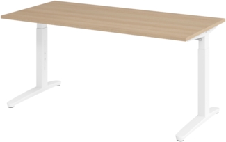 bümö manuell höhenverstellbarer Schreibtisch 160x80 in Eiche, Gestell in weiß - PC Tisch höhenverstellbar & groß, höhenverstellbarer Tisch Büro, großer Computertisch verstellbar, X16-E-WW