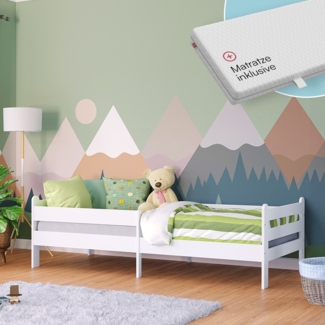 Bellabino 'Kuru' Kinderbett 90x200 cm mit Matratze, weiß, Jugendbett mit Rausfallschutz und Lattenrost