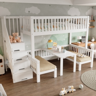 Merax Etagenbett, 90x200 cm & 120x200 cm, höhenverstellbarer Tisch, Aufbewahrungstreppe & Sicherheitsgeländer, Weiß