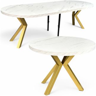 Großer runder Marmor-Esstisch Weiß, ausziehbar (Ø110/310 cm) mit goldenen X-Metallbeinen