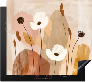 MuchoWow Herd-Abdeckplatte Beige - Blumen - Abstrakt - Kunst, Vinyl, (1 tlg), Ceranfeldabdeckung Küche, Herdabdeckplatte Einteilig, 59x51 cm