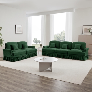 Klassisches 2-teiliges modulares Wohnzimmer-Sofa-Set, Chenille, Trichter-Armlehnen, abnehmbare Rüschenschürze, spindelförmige Beine, 3-Sitzer & 2-Sitzer Loveseat, Grün
