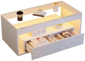 KLAM HOME Couchtisch Moderner Couchtisch mit 16-Farben LED-Beleuchtung (Eleganter Wohnzimmertisch mit großzügigem Stauraum), Praktischer Glas-Sofatisch mit Schubladen und Beleuchtungssteuerung
