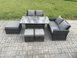 Fimous 7 Sitzer Hoher Rücken Gartengartenmöbel Rattan Sofa Esstisch Set mit 3 Fußhockern Dunkelgrau gemischt