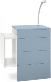 Vladon Nachttisch Queens, Nachttischschrank mit 2 Schubladen und 1 seitlichem Fach zur Wandmontage, Weiß matt/Denim matt, inkl. LED Flexi Lampe weiß (60 x 63 x 36 cm)