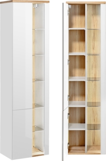 Badezimmer Hochschrank mit LED-Beleuchtung BERMUDA-56 in weiß Hochglanz mit Wotaneiche B/H/T 45/170/33cm