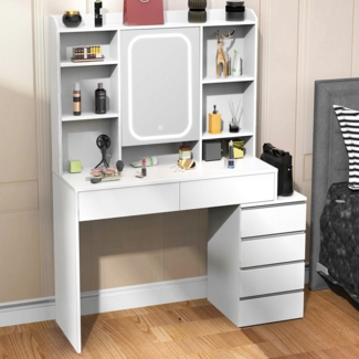 oyajia Schminktisch Kosmetiktisch mit Spiegel und LED, Frisierkommode mit 6 Schubladen (Make-up Tisch mit 2 Fächer hinter dem Spiegel), 145cm Frisierkommode mit LED Beleuchtung,Schlafzimmermöbel Vanity Set