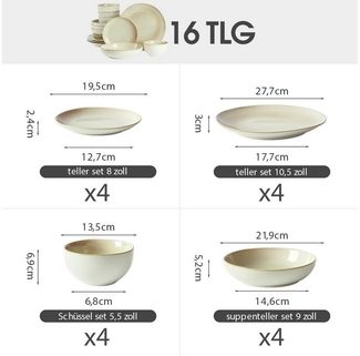 JIWOO Geschirr-Set 16er Kombiservice Teller-Set Tafelservice Schüssel-Set Speiseteller (16-tlg), 4 Personen, Keramik, Hochwertiges Geschirr set Braun Mikrowellen spülmaschinenfest