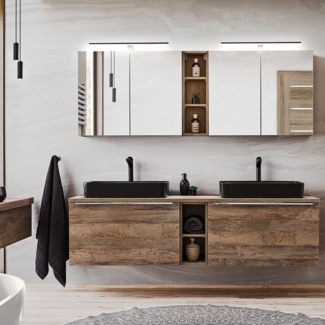 Badmöbel Komplett-Set in Vintage Oak Eiche PUEBLA-56 Doppel-Waschtisch mit 2 Keramik-Waschbecken, 2 LED-Spiegelschränke, B/H/T 180,4/200/46 cm