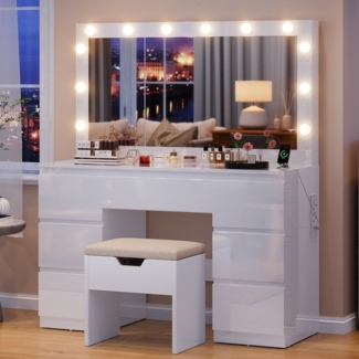 HOMALL Schminktisch Großer Schminktisch, Maße 120 x 40 x 140 cm, mit Schmuckschrank (LED-Beleuchtung und Steckdosen, großer Spiegel 105 cm, mit 7 Schubladen, optionaler Hocker)