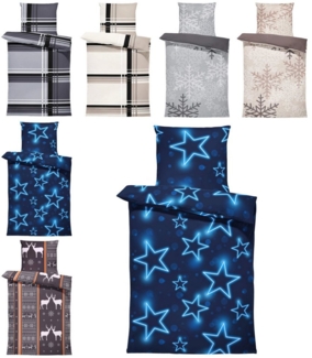 One Home Bettwäsche Winter, Biber, 4 teilig, Sterne leuchtoptik, kuschelig flauschig warme weiche Baumwolle