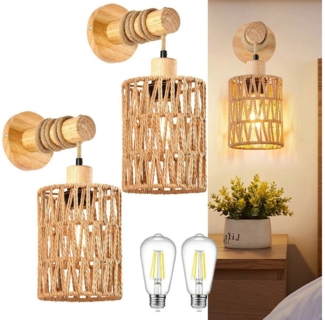 MUPOO LED Wandleuchte Vintage Innen Wandleuchte,E27 Retro Holz Wandlampe, Warmweiß Glühbirne, LED fest integriert, mit Rattan Lampenschirm,Handgewebte im Farmhouse - Stil