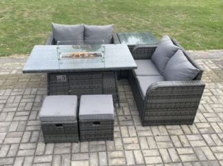 Fimous Rattan Gartenmöbel Set mit Gas Feuergrube Tisch 6-Stücke Outdoor Loveseat Sofa Set Dunkelgrau Gemischt