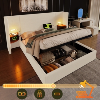 Merax Polsterbett Doppelbett 180×200 mit Nachttisch, Leselampe und USB Type-C Ladefunktion, Bettanlage Stauraumbett Bettgestell mit Lattenrost aus Massivholz und Metall, Beige-Weiß, Cordstoff(Ohne Matratze)