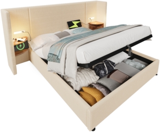 Merax Polsterbett Doppelbett 180×200 mit Nachttisch, Leselampe und USB Type-C Ladefunktion, Bettanlage Stauraumbett Bettgestell mit Lattenrost aus Massivholz und Metall, Beige-Weiß, Cordstoff(Ohne Matratze)