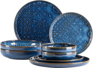 Modernes Vintage Geschirr Set für 2 Personen in maurischem Design, 8-teiliges Tafelservice mit Tellern und Schalen aus hochwertiger Keramik; Form Uno; Blau
