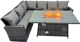 Fimous Polyrattan Sitzgruppe für 6 Personen, Balkon Möbel Gas Feuertisch Gasheizung Burner