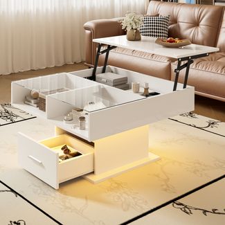 Lift-Couchtisch Weiß Hochglanz 78x78 cm höhenverstellbarer Tisch mit LED-Beleuchtung, Schublade und Ablagefach