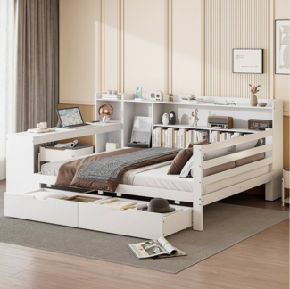 Flieks Massivholzbett, Daybett Kinderbett 140x200cm mit Schreibtisch Steckdose 2 Schubladen