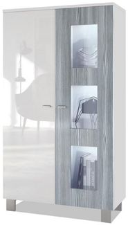 Vladon Vitrine Denjo, Standvitrine mit 2 Türen und 3 Glaseinsätzen, Weiß matt/ Weiß Hochglanz Avola-Anthrazit, inkl. LED-Beleuchtung (71 x 129 x 35 cm)