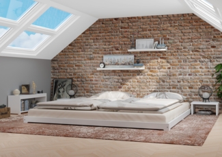 Weißes überlanges Niederflurbett 200x220 extra flach Holzbett Kiefer V-60.47W-20-220Rollrost inkl.