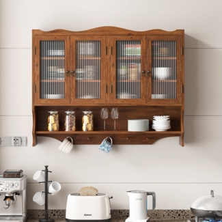 MODFU Hängeschrank mit 4 Türen und Hakenrack (100 cm Retro Wandschrank, Glas-Wandregal, Flexibler Stauraum mit abnehmbaren Regalen, 35 kg Belastbarkeit, Robustes Design aus Holz und Glas, 35 kg Tragkraft)