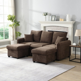 STILVORA Ecksofa mit Stauraum,3 sitzer-Ecksofa l-form in Cord,couch mit schlaffunktion, Wohnzimmersofa, Polstersofa, Inklusive Schubladen + Hocker mit Staufach