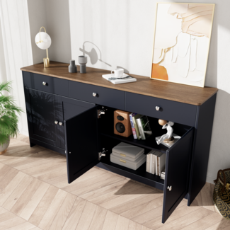 Sideboard 160x37x75 cm, Landhausstil MDF mit Holzplatte, 3 Schubladen & 4 Türen, grauschwarz und holzfarben