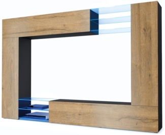 Vladon Wohnwand Mirage, Anbauwand mit Rückwand mit 2 Türen, 2 Klappen und 6 offenen Glasablagen, Schwarz matt/Eiche Natur, inkl. LED-Beleuchtung (262 x 183 x 39 cm)
