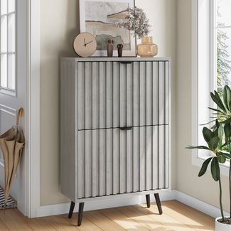 Schuhschrank mit Klappschubladen in Grau, Rillenfront, aus MDF/Spanplatte,94 x 24 x 60 cm