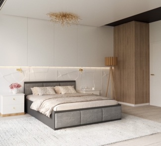 FDM Stauraumbett mit Bettkasten und Lattenrost 120x200, 140x200, 160x200, 180x200cm (Mit MATRATZE - Bettrahmen mit Bettkasten für viel Stauraum, MADE IN EU - in Grau,Weiß oder Eiche Braun, ideal für Paare), Metallrahmen mit hydraulischer Klappfunktion