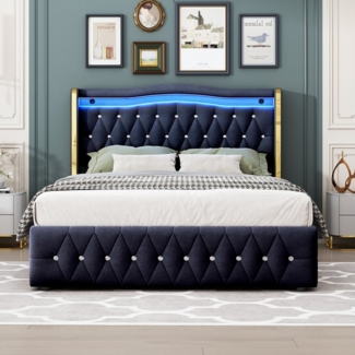 Merax Polsterbett mit LED-Beleuchtung & Rautenmuster (Stauraumbett, 1-tlg), Hydraulisches Doppelbett 140x200cm mit Stauraum und Lattenrost, Samt