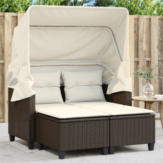 vidaXL Gartensofa 2-Sitzer mit Dach und Hockern Braun Poly Rattan 365782