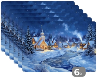MuchoWow Platzset Winterabend - Weihnachtsdorf - Dunkelheit, (6-St), Platzsets, Tischset, Abwaschbar, Tischsets, Platzdeckchen