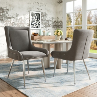 HAUSS SPOLE Esszimmerstuhl 6er Set Esszimmerstühle Galvanisiertes Silber Eisen Beine, Grau Samt (Luxuriöse Samt-Esszimmerstühle (6er Set) – Ergonomisches Design, Versilberte Eisenbeine, Verstellbare Füße, Grau – Stilvolle Stühle für Esszimmer und Büro,...
