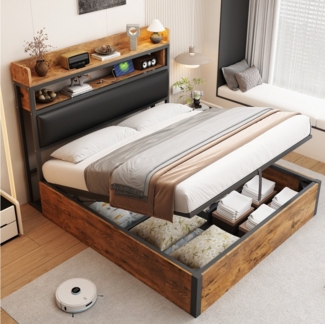 STILVORA Polsterbett 140×200 Funktionbett mit gepolster Kopfteil,Jugendbett mit Bettkasten (mit hydraulischem Stauraum, USB-Anschlüssen, gepolstertem Kopfteil und Retro-Design aus Holz & Metall, ideal für moderne Schlafzimmer und Apartments 140x200 cm)...