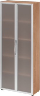 bümö Mehrzweckschrank 80cm breit, Aktenschrank o. Schuhschrank hoch, Milchglastüren Schrank, Küchenschrank in Nussbaum/Silber aus Holz, Vorratsschrank & Haushaltsschrank mit Metallgriffen, 4200-N-S