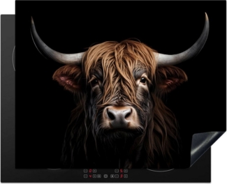 MuchoWow Herd-Abdeckplatte Schottischer Highlander - Porträt - Schwarz - Tier, Vinyl, (1 tlg), Cerankochfeld Abdeckung, Herd Abdeckplatten Vinyl, 58x59 cm