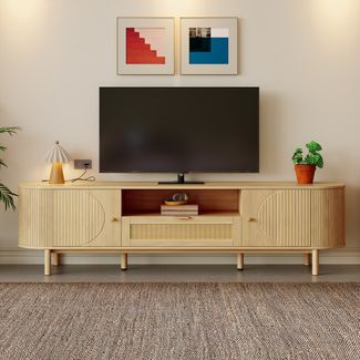 TV-Schrank aus MDF mit Rattan-Schublade & Kabeldurchführung, 175x36x51 cm, Natur
