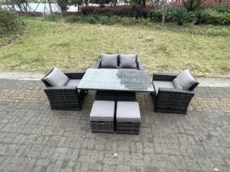 Fimous Polyrattan Gartenmöbel Set Einstellbare Höhe Esstisch Sessel Liebe Sofa Sets mit Hocker 6-Sitzer
