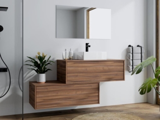 Vente-unique - Waschbeckenunterschrank hängend mit Einzelwaschbecken & zwei Schubladen - Naturfarben dunkel - 94 cm - TEANA II