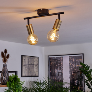 »Agnino«, Deckenlampe aus Metall in Schwarz/Messingfarben, 2-flammig, mit verstellbaren Strahlern, 2 x E27-Fassung max. 60 Watt, Spot im modernen Design
