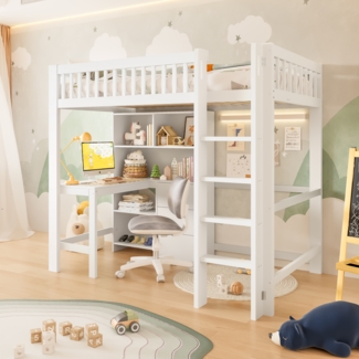 Hochbett, Mehrere Ablagefächer Leiter Schreibtisch 3 Schubladen ohne Matratze, Holz, Weiß, 90x200cm