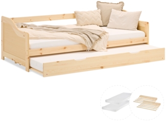 Holzbett 90x200 cm mit 2 Matratzen Tagesbett Ausziehbett Jugendbett Kinderbett Natur Kojenbett Gästebett Funktionsbett