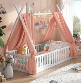 Alavya Home® Kinderbett Hausbett Bodenbett SKY SET aus Buche – FSC® 100% mit Tür & Deko (Hausbett 80x160 cm SET mit Tür, Decoration Rosa, Matratze, Rausfallschutz & Lattenrost Kinderbett 80x160), bodentiefes Jugendbett weiß massiv BUCHE für Junge Mädchen